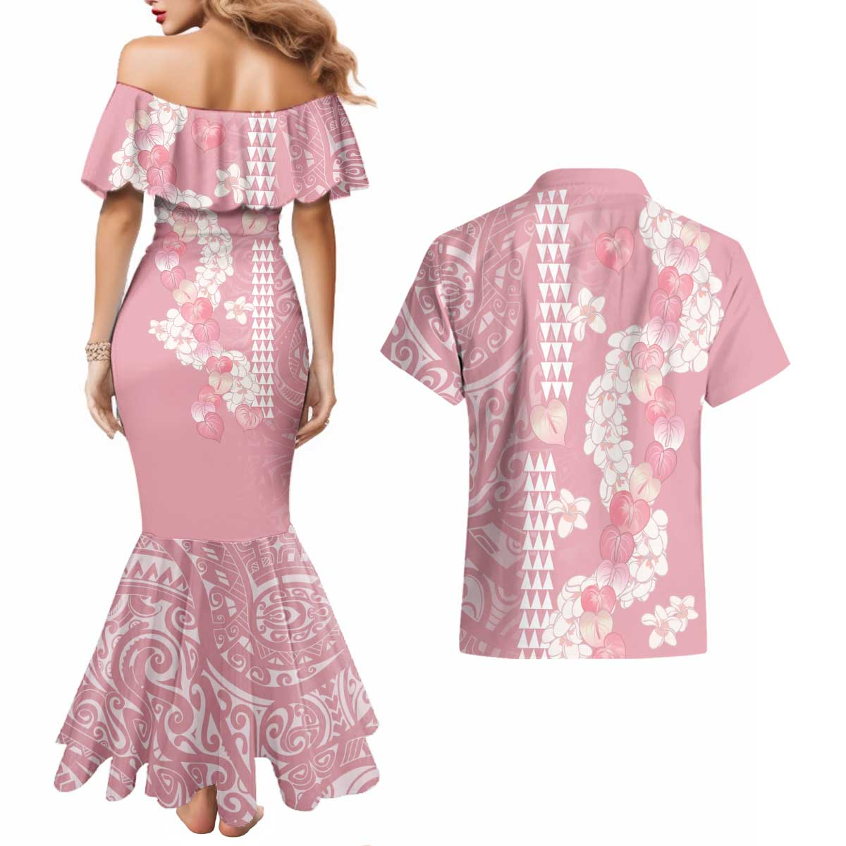 Soft Pink Hawaii Anthurium Plumeria Lei Couples Matching Mermaid Dress and Hawaiian Shirt