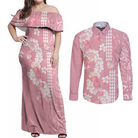 Soft Pink Hawaii Anthurium Plumeria Lei Couples Matching Off Shoulder Maxi Dress and Long Sleeve Button Shirt