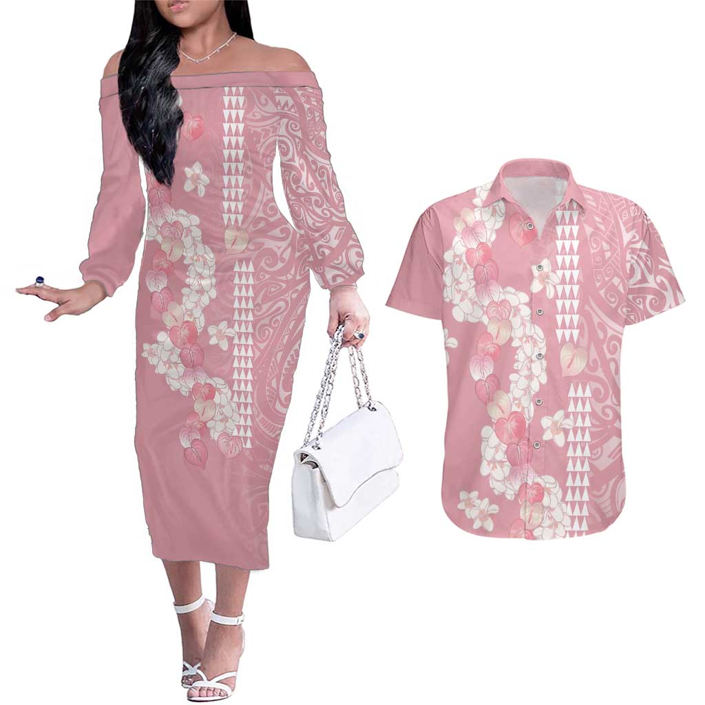 Soft Pink Hawaii Anthurium Plumeria Lei Couples Matching Off The Shoulder Long Sleeve Dress and Hawaiian Shirt