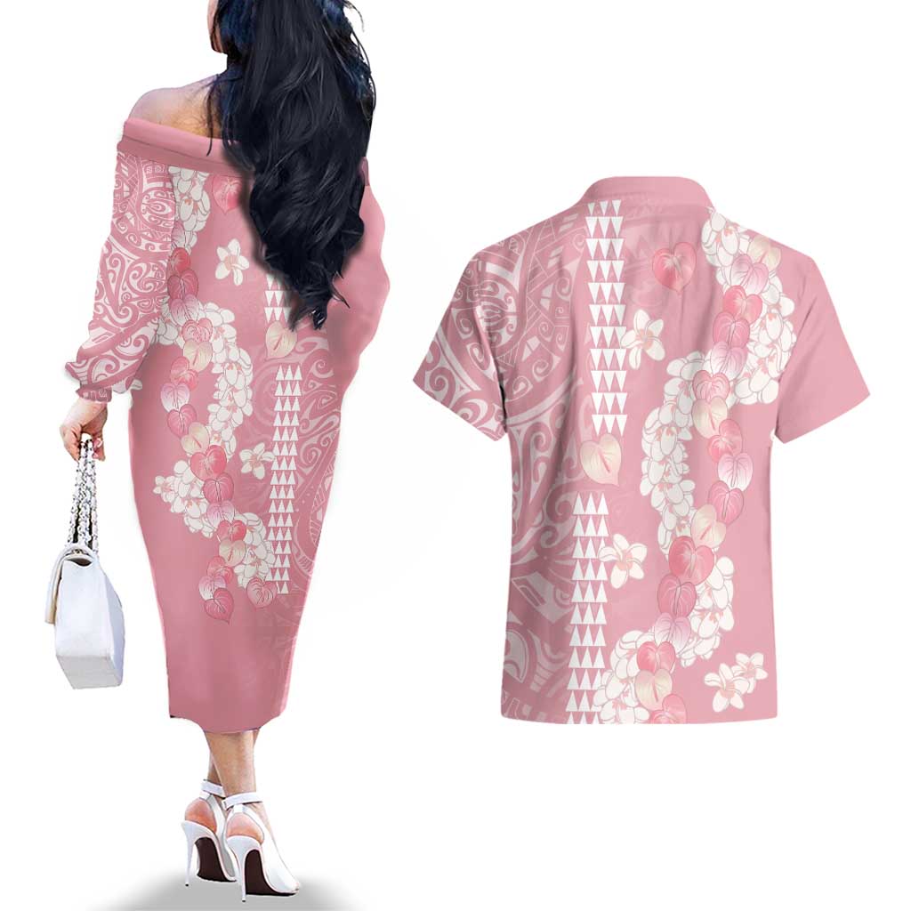 Soft Pink Hawaii Anthurium Plumeria Lei Couples Matching Off The Shoulder Long Sleeve Dress and Hawaiian Shirt