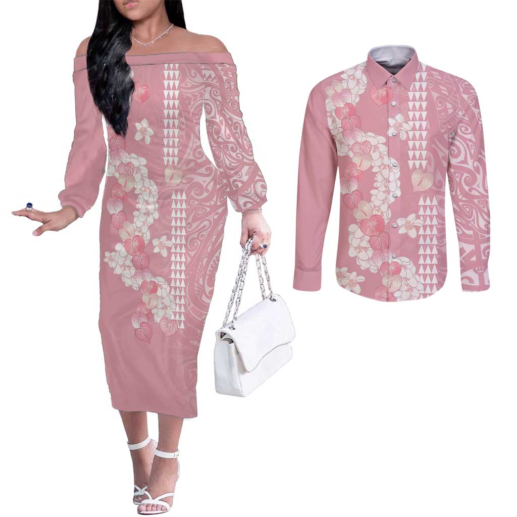Soft Pink Hawaii Anthurium Plumeria Lei Couples Matching Off The Shoulder Long Sleeve Dress and Long Sleeve Button Shirt LT9 Pink - Polynesian Pride