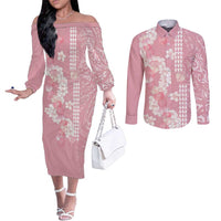 Soft Pink Hawaii Anthurium Plumeria Lei Couples Matching Off The Shoulder Long Sleeve Dress and Long Sleeve Button Shirt LT9 Pink - Polynesian Pride