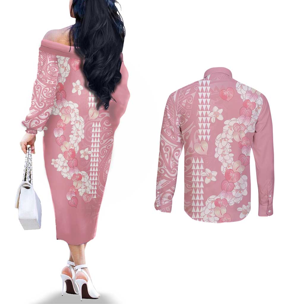 Soft Pink Hawaii Anthurium Plumeria Lei Couples Matching Off The Shoulder Long Sleeve Dress and Long Sleeve Button Shirt LT9 - Polynesian Pride