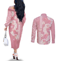 Soft Pink Hawaii Anthurium Plumeria Lei Couples Matching Off The Shoulder Long Sleeve Dress and Long Sleeve Button Shirt LT9 - Polynesian Pride