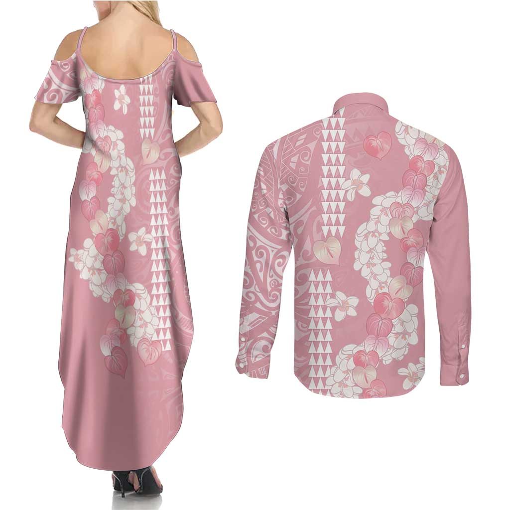 Soft Pink Hawaii Anthurium Plumeria Lei Couples Matching Summer Maxi Dress and Long Sleeve Button Shirt