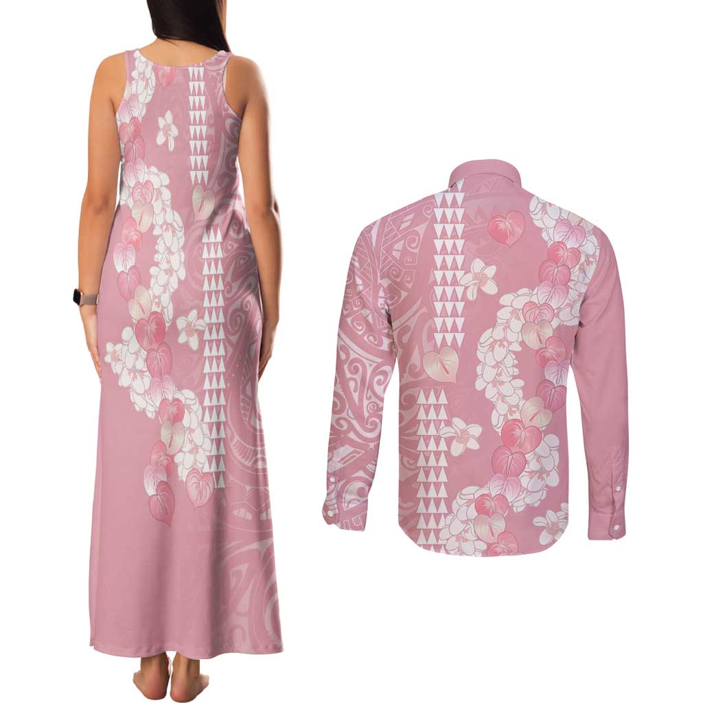 Soft Pink Hawaii Anthurium Plumeria Lei Couples Matching Tank Maxi Dress and Long Sleeve Button Shirt