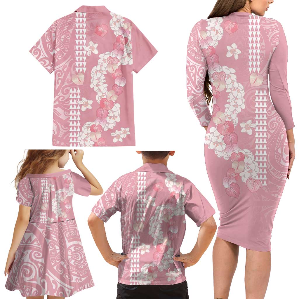 Soft Pink Hawaii Anthurium Plumeria Lei Family Matching Long Sleeve Bodycon Dress and Hawaiian Shirt LT9 - Polynesian Pride