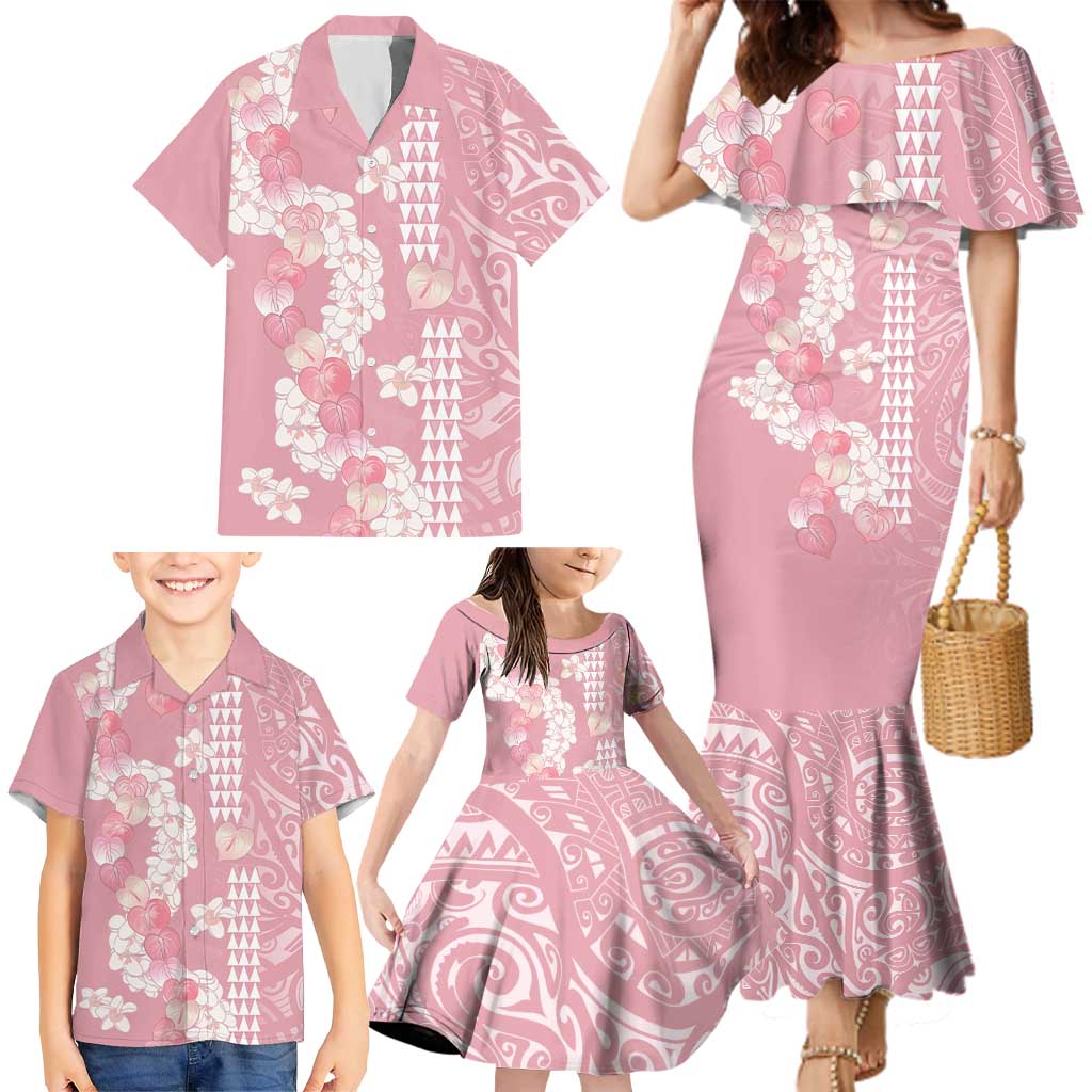 Soft Pink Hawaii Anthurium Plumeria Lei Family Matching Mermaid Dress and Hawaiian Shirt LT9 - Polynesian Pride