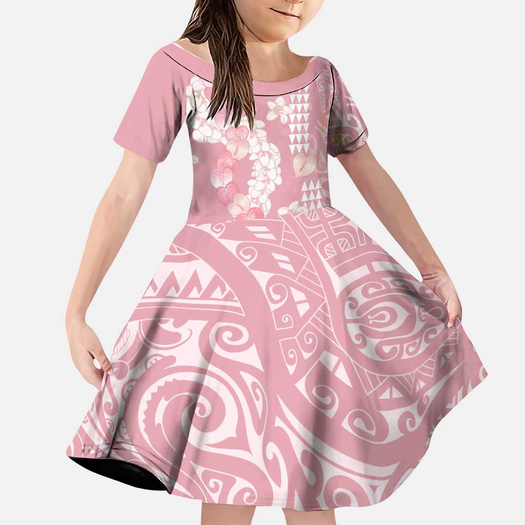 Soft Pink Hawaii Anthurium Plumeria Lei Family Matching Off The Shoulder Long Sleeve Dress and Hawaiian Shirt LT9 Daughter's Dress Pink - Polynesian Pride