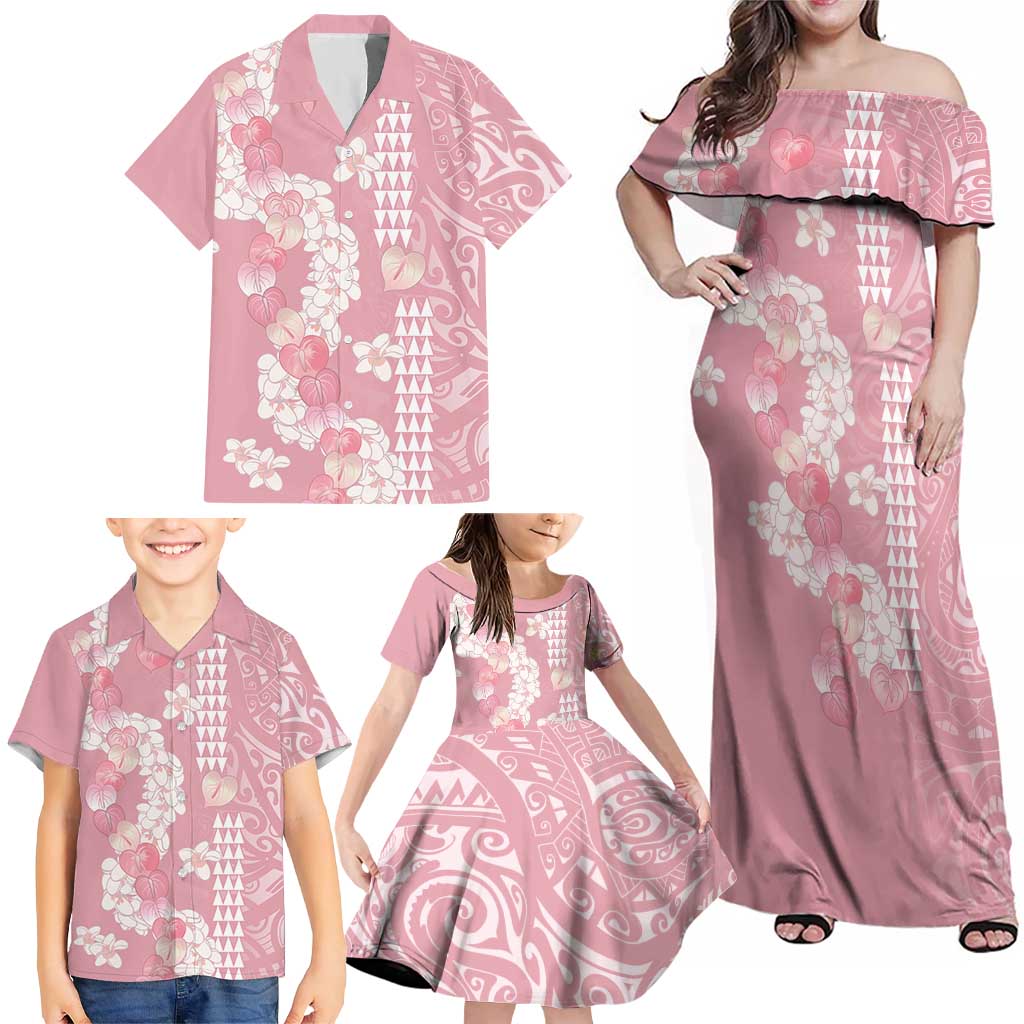 Soft Pink Hawaii Anthurium Plumeria Lei Family Matching Off Shoulder Maxi Dress and Hawaiian Shirt LT9 - Polynesian Pride