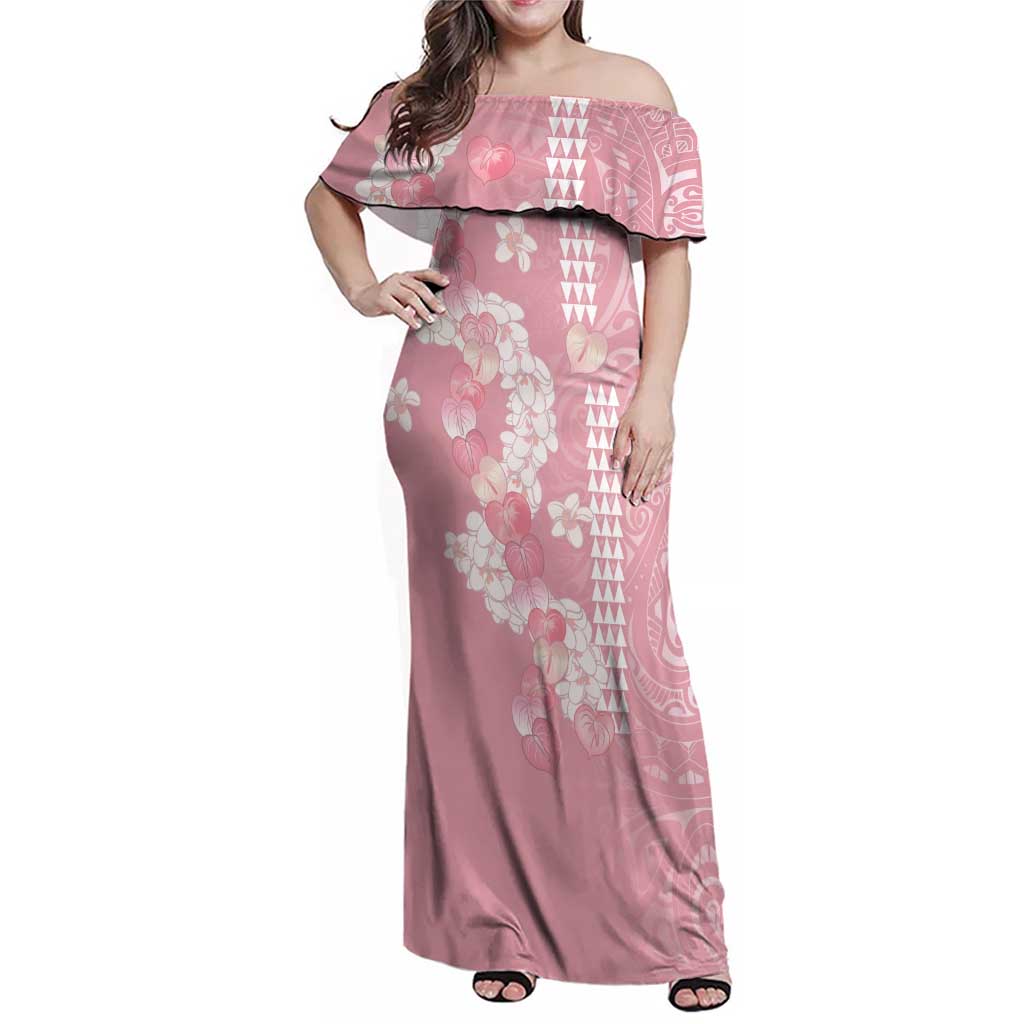 Soft Pink Hawaii Anthurium Plumeria Lei Family Matching Off Shoulder Maxi Dress and Hawaiian Shirt LT9 Mom's Dress Pink - Polynesian Pride