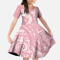 Soft Pink Hawaii Anthurium Plumeria Lei Family Matching Off Shoulder Short Dress and Hawaiian Shirt LT9 Daughter's Dress Pink - Polynesian Pride