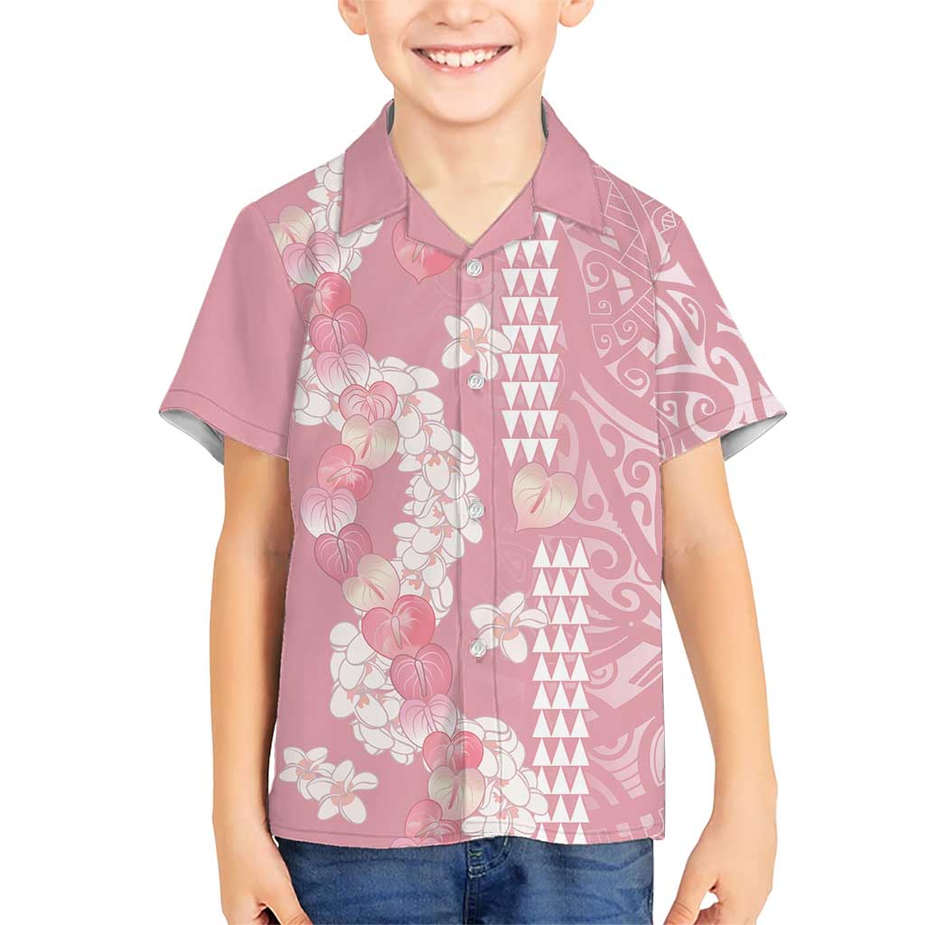 Soft Pink Hawaii Anthurium Plumeria Lei Family Matching Off Shoulder Short Dress and Hawaiian Shirt LT9 Son's Shirt Pink - Polynesian Pride