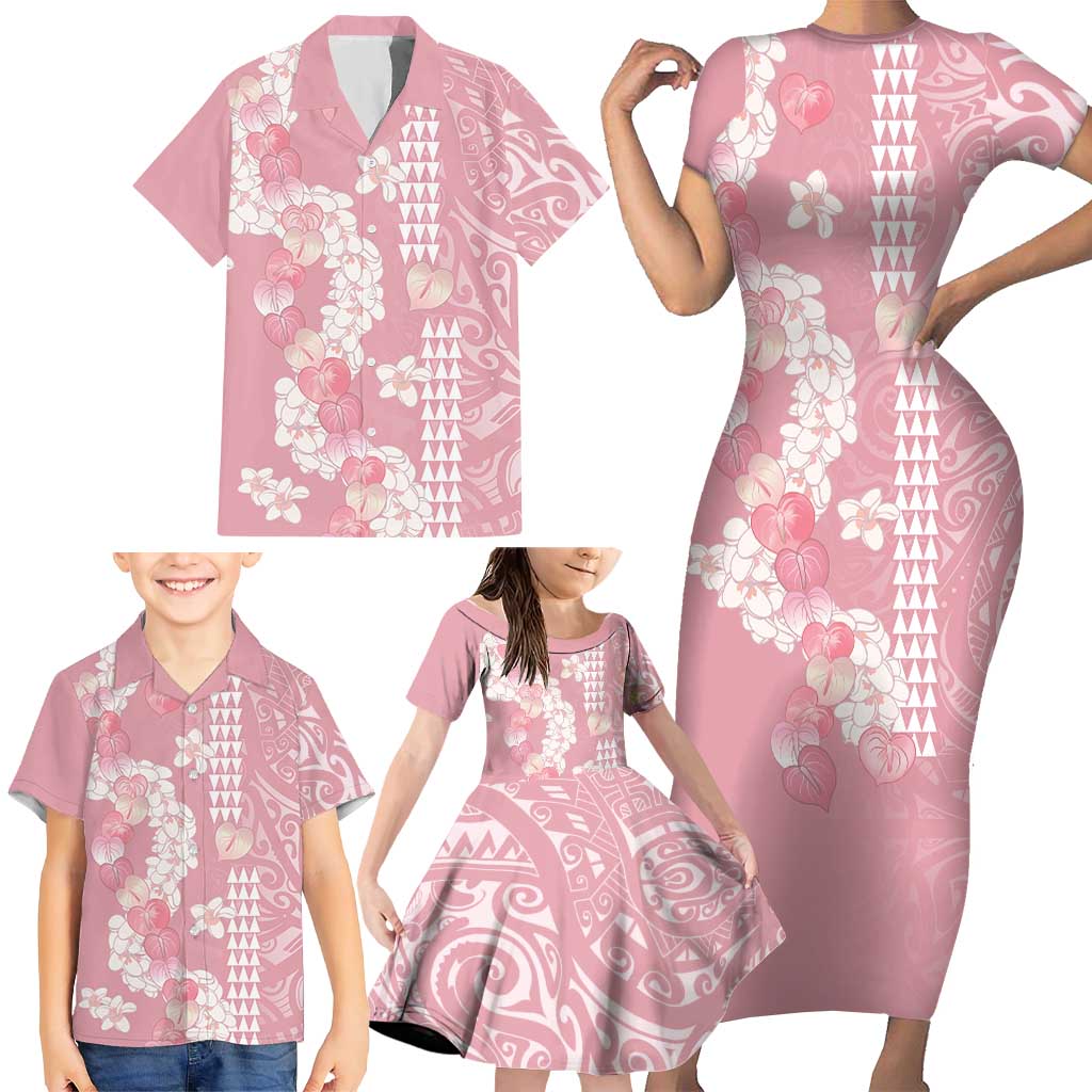 Soft Pink Hawaii Anthurium Plumeria Lei Family Matching Short Sleeve Bodycon Dress and Hawaiian Shirt LT9 - Polynesian Pride