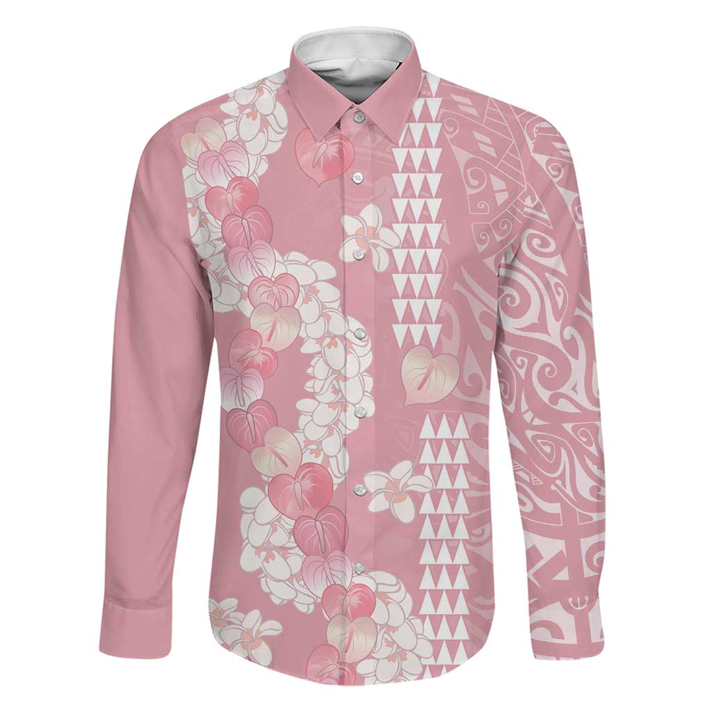 Soft Pink Hawaii Anthurium Plumeria Lei Family Matching Short Sleeve Bodycon Dress and Hawaiian Shirt LT9 Dad's Shirt - Long Sleeve Pink - Polynesian Pride