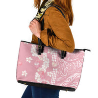 Soft Pink Hawaii Anthurium Plumeria Lei Leather Tote Bag