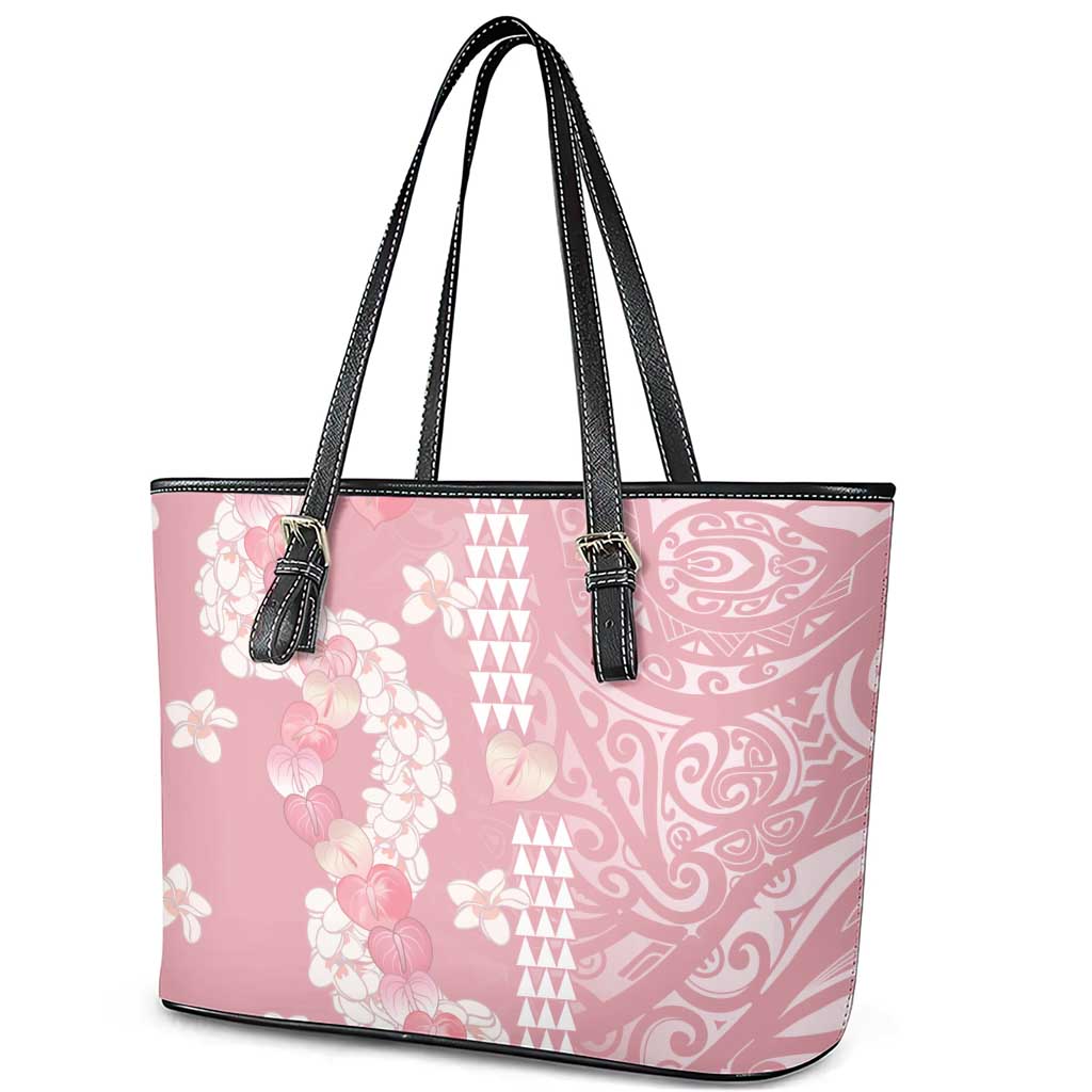 Soft Pink Hawaii Anthurium Plumeria Lei Leather Tote Bag