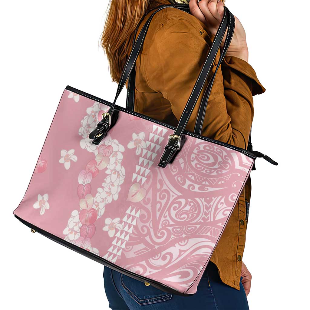 Soft Pink Hawaii Anthurium Plumeria Lei Leather Tote Bag