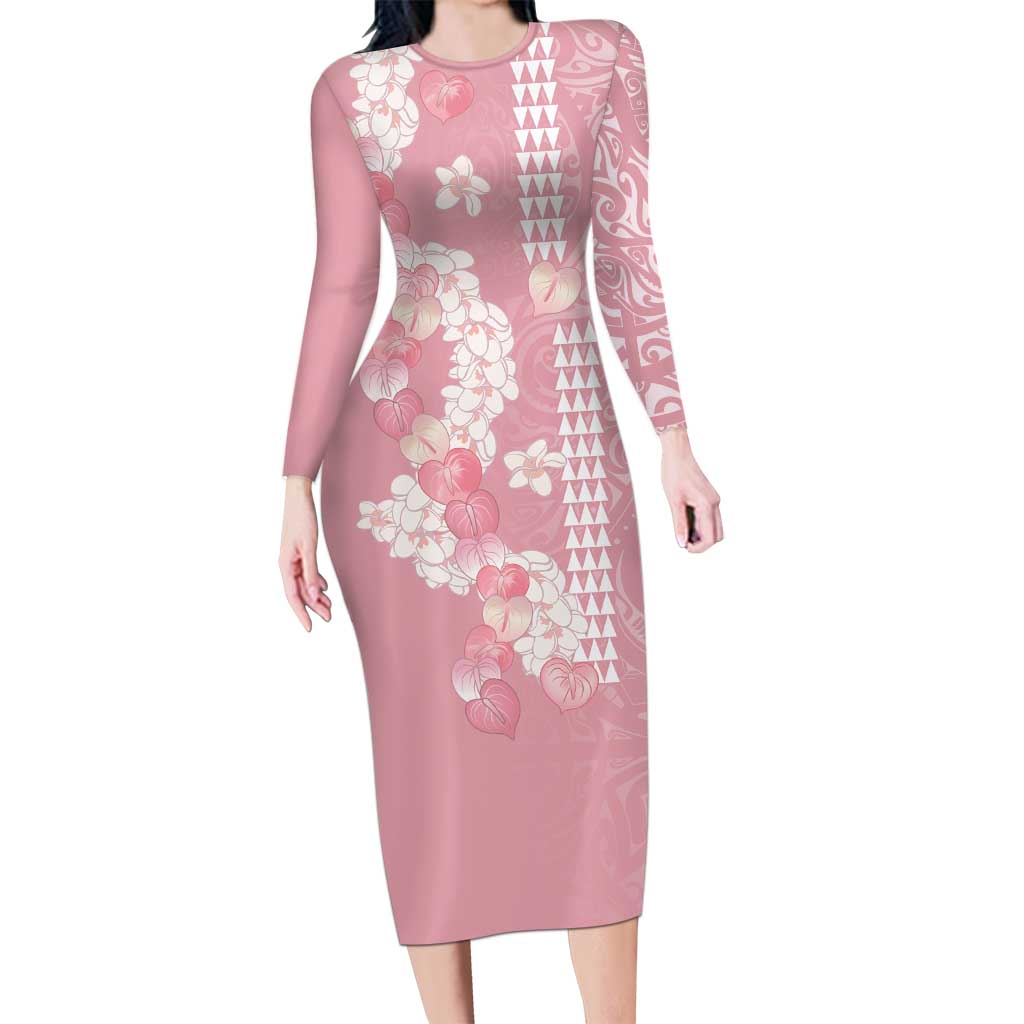 Soft Pink Hawaii Anthurium Plumeria Lei Long Sleeve Bodycon Dress