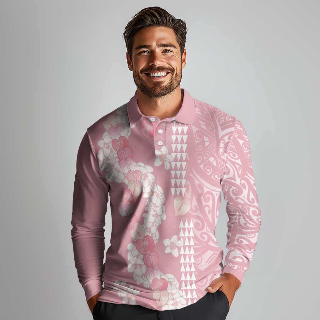 Soft Pink Hawaii Anthurium Plumeria Lei Long Sleeve Polo Shirt