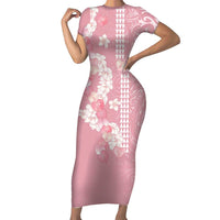 Soft Pink Hawaii Anthurium Plumeria Lei Short Sleeve Bodycon Dress