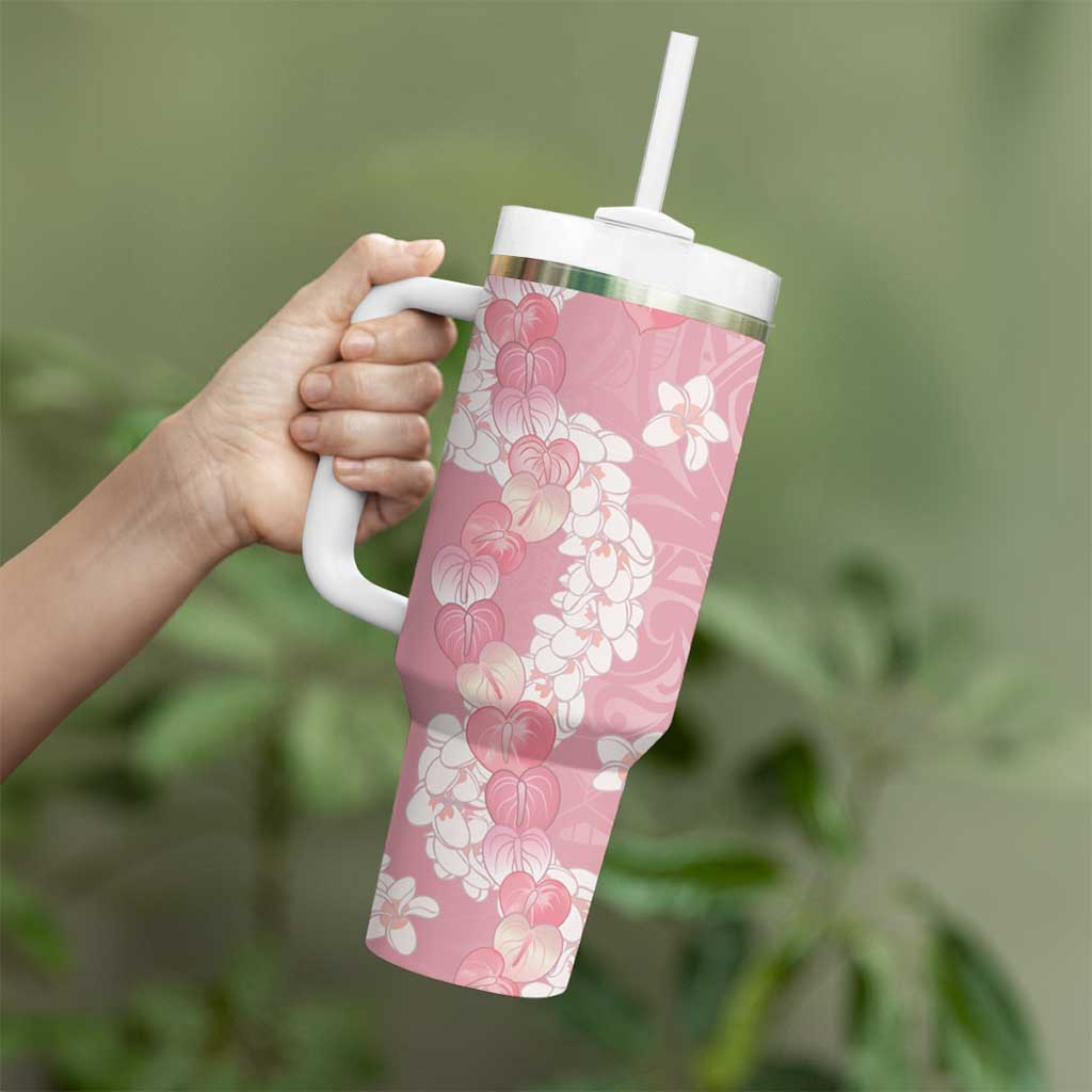 Soft Pink Hawaii Anthurium Plumeria Lei Tumbler With Handle