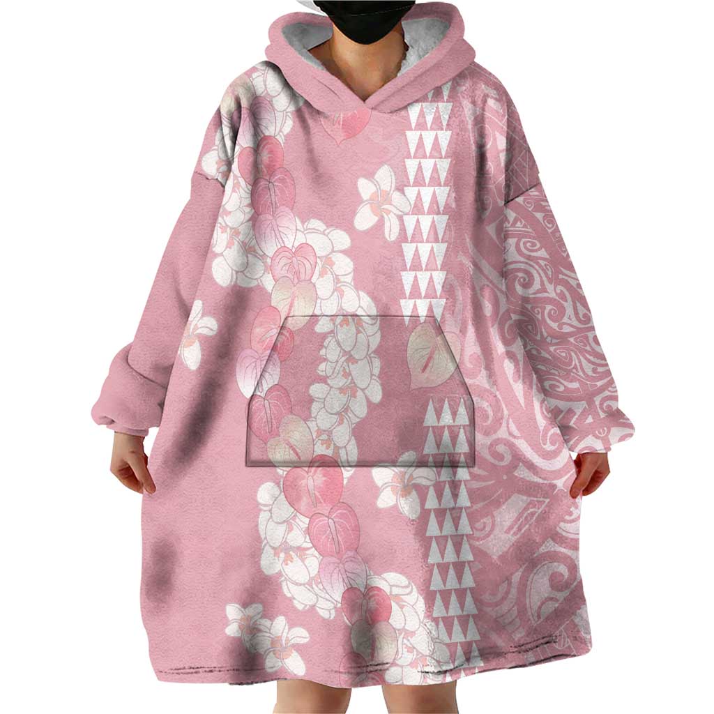 Soft Pink Hawaii Anthurium Plumeria Lei Wearable Blanket Hoodie