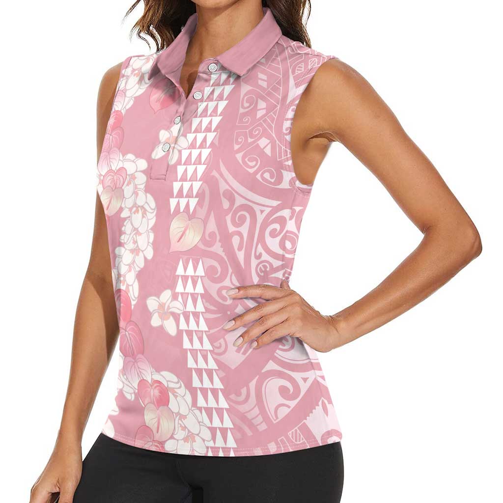 Soft Pink Hawaii Anthurium Plumeria Lei Women Sleeveless Polo Shirt