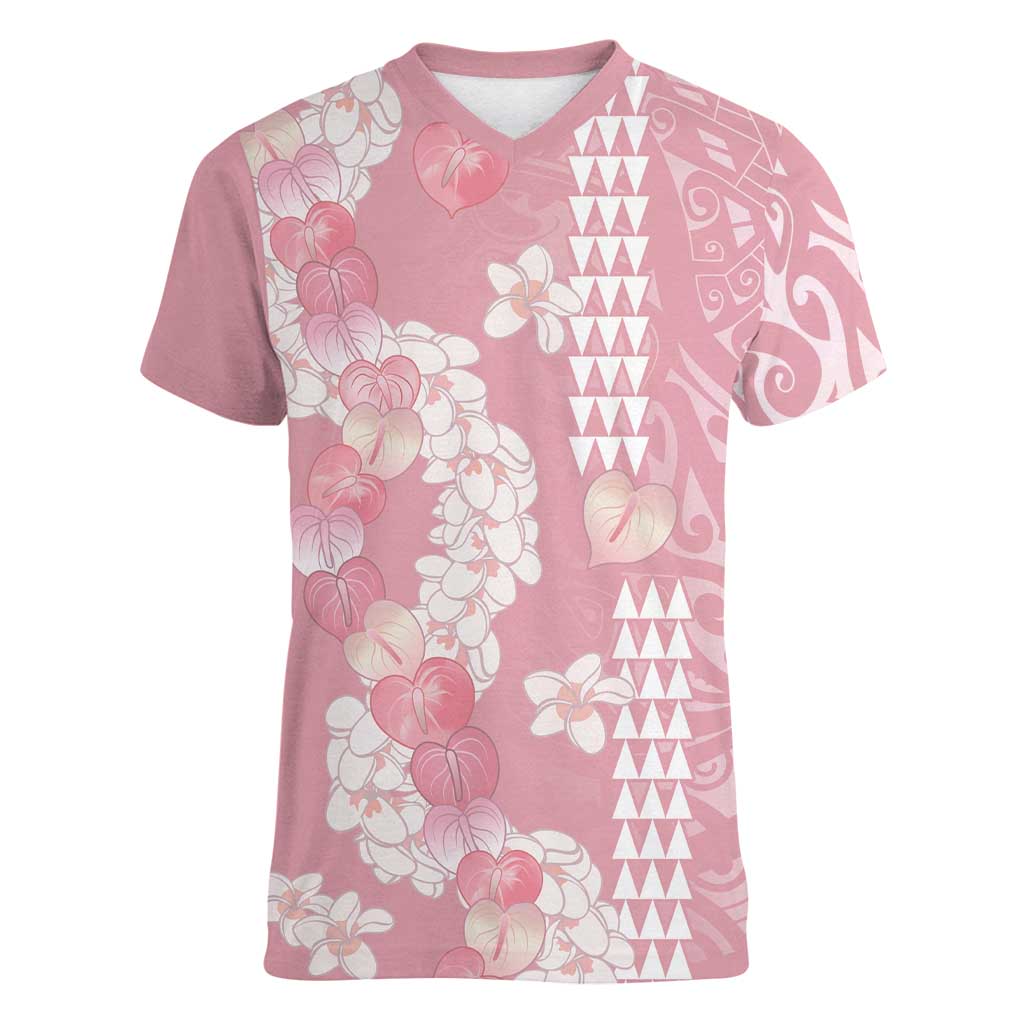 Soft Pink Hawaii Anthurium Plumeria Lei Women V-Neck T-Shirt