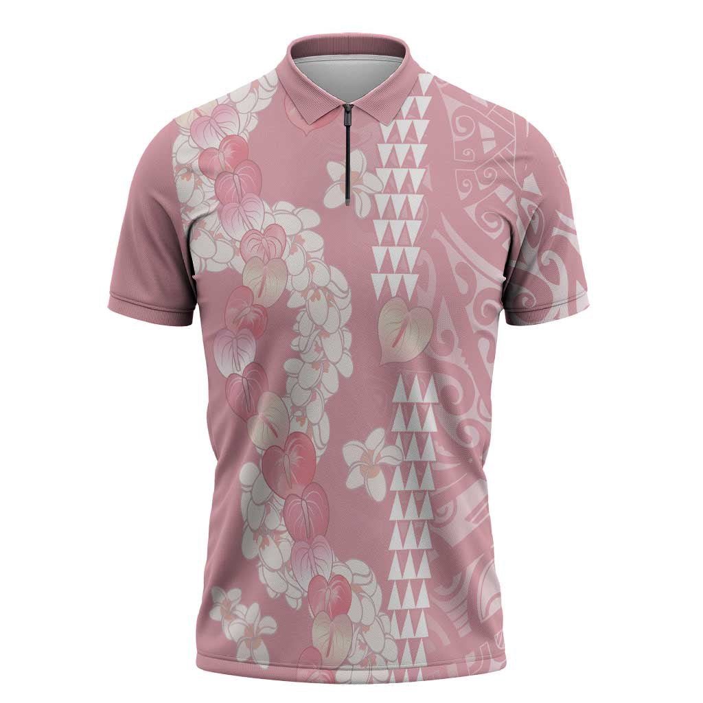 Soft Pink Hawaii Anthurium Plumeria Lei Zipper Polo Shirt