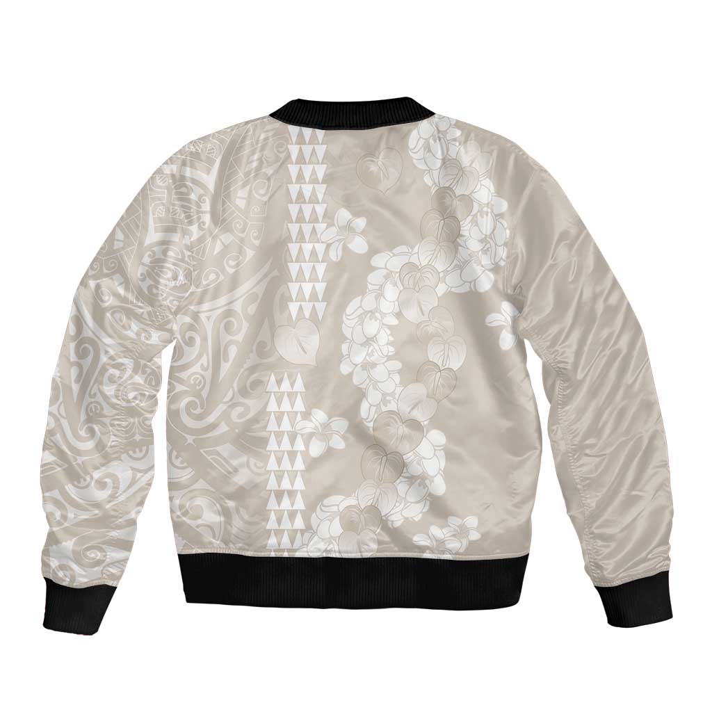 Suede Beige Hawaii Anthurium Plumeria Lei Bomber Jacket