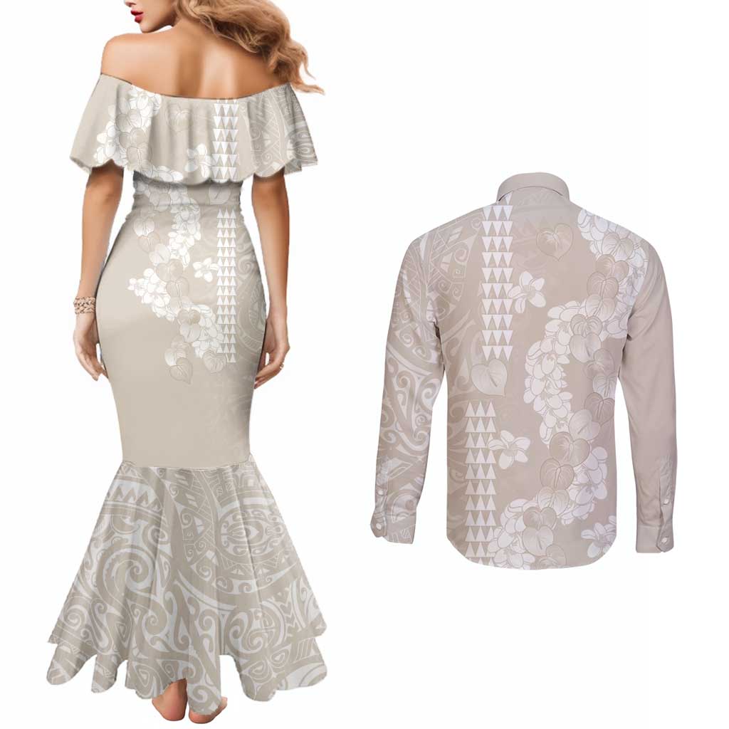 Suede Beige Hawaii Anthurium Plumeria Lei Couples Matching Mermaid Dress and Long Sleeve Button Shirt