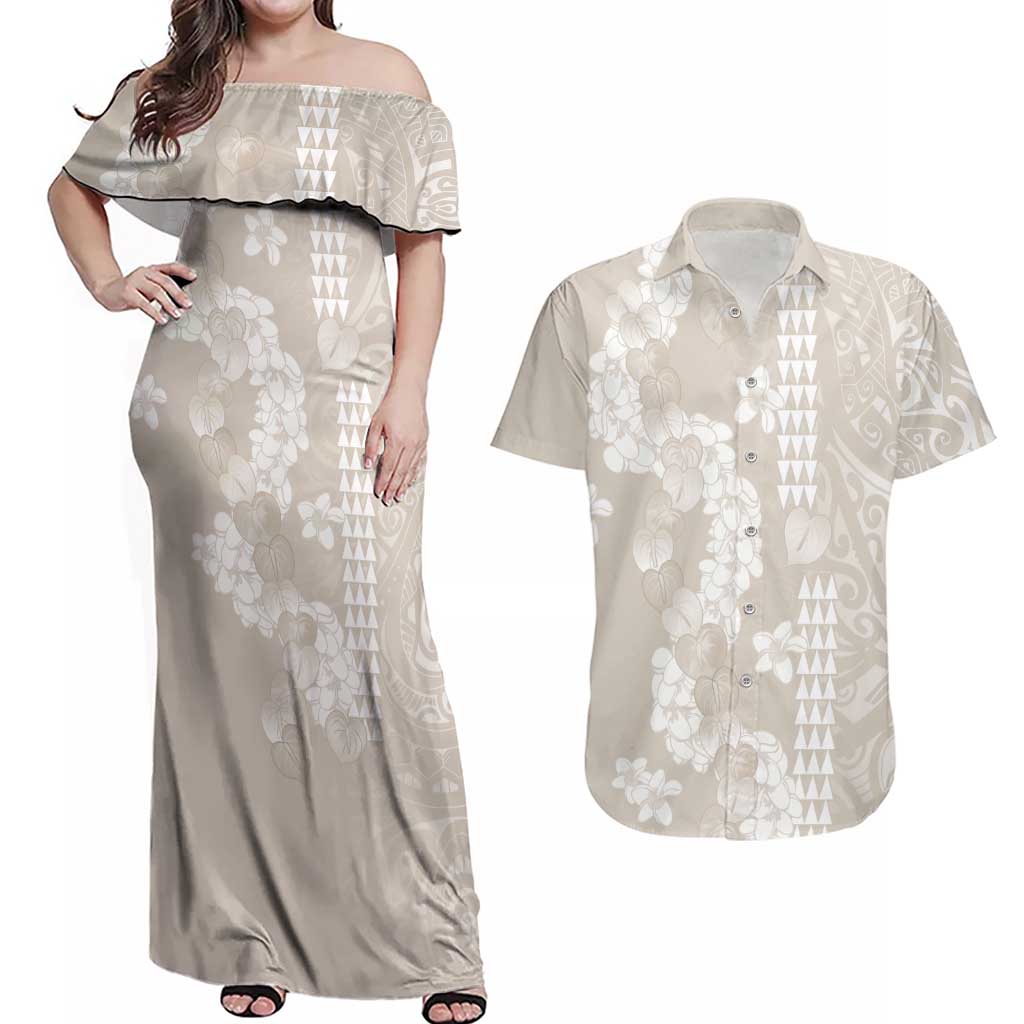Suede Beige Hawaii Anthurium Plumeria Lei Couples Matching Off Shoulder Maxi Dress and Hawaiian Shirt LT9 Beige - Polynesian Pride