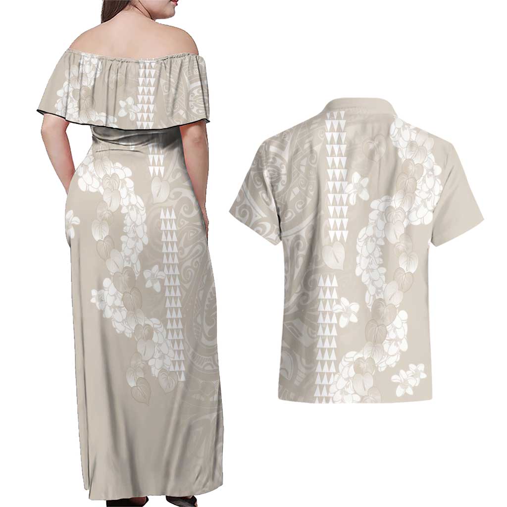 Suede Beige Hawaii Anthurium Plumeria Lei Couples Matching Off Shoulder Maxi Dress and Hawaiian Shirt LT9 - Polynesian Pride