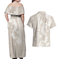 Suede Beige Hawaii Anthurium Plumeria Lei Couples Matching Off Shoulder Maxi Dress and Hawaiian Shirt LT9 - Polynesian Pride
