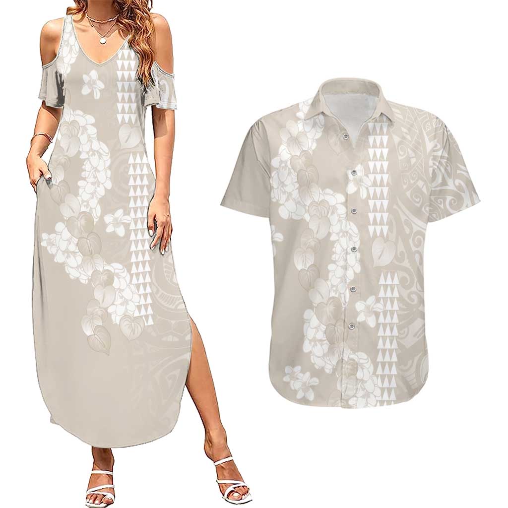 Suede Beige Hawaii Anthurium Plumeria Lei Couples Matching Summer Maxi Dress and Hawaiian Shirt