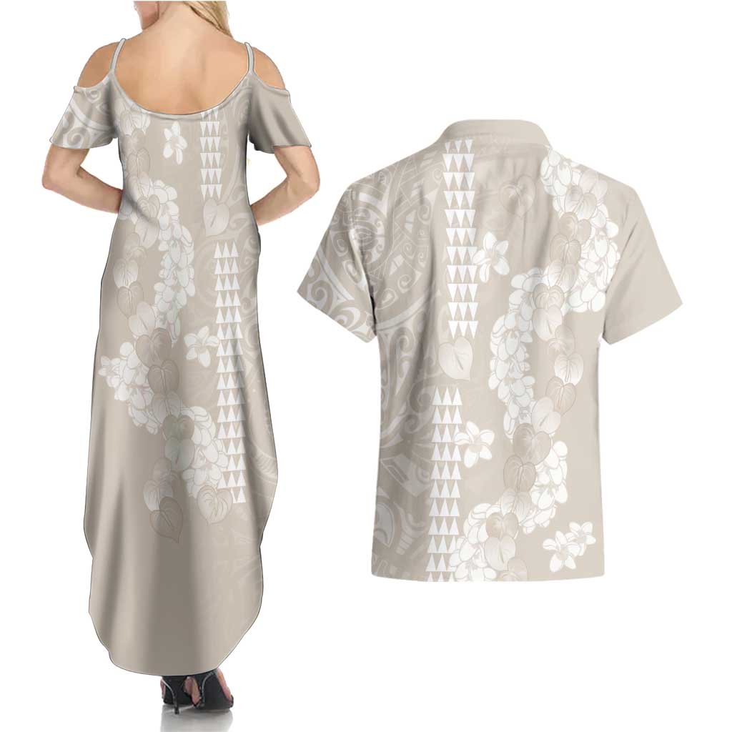 Suede Beige Hawaii Anthurium Plumeria Lei Couples Matching Summer Maxi Dress and Hawaiian Shirt