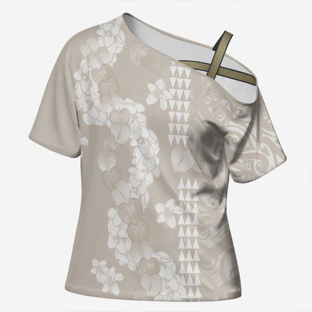 Suede Beige Hawaii Anthurium Plumeria Lei Cross Shoulder Shirt