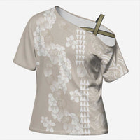 Suede Beige Hawaii Anthurium Plumeria Lei Cross Shoulder Shirt