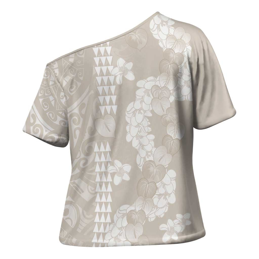 Suede Beige Hawaii Anthurium Plumeria Lei Cross Shoulder Shirt