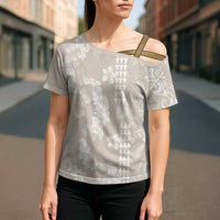 Suede Beige Hawaii Anthurium Plumeria Lei Cross Shoulder Shirt
