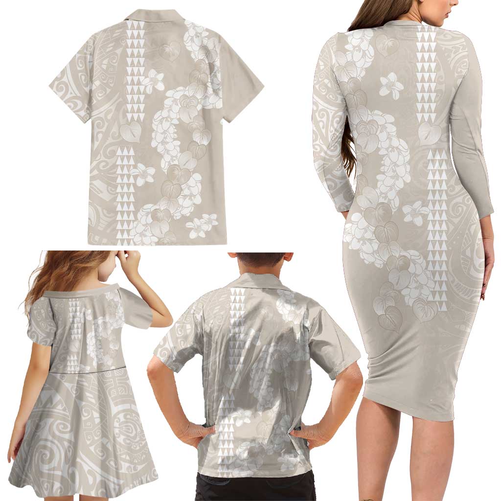 Suede Beige Hawaii Anthurium Plumeria Lei Family Matching Long Sleeve Bodycon Dress and Hawaiian Shirt LT9 - Polynesian Pride