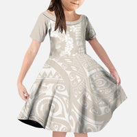 Suede Beige Hawaii Anthurium Plumeria Lei Family Matching Off The Shoulder Long Sleeve Dress and Hawaiian Shirt LT9 Daughter's Dress Beige - Polynesian Pride