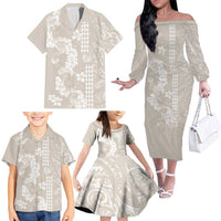 Suede Beige Hawaii Anthurium Plumeria Lei Family Matching Off The Shoulder Long Sleeve Dress and Hawaiian Shirt LT9 - Polynesian Pride