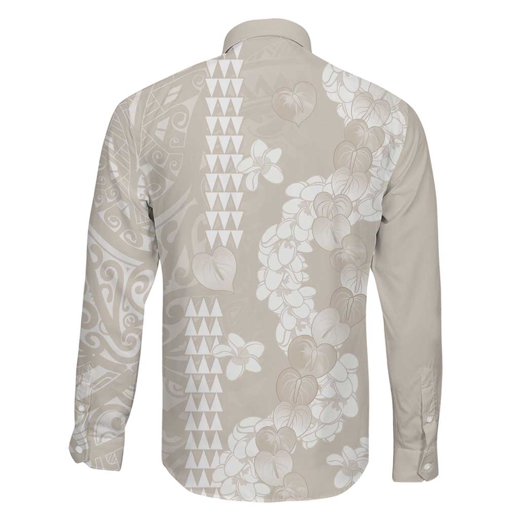 Suede Beige Hawaii Anthurium Plumeria Lei Family Matching Off The Shoulder Long Sleeve Dress and Hawaiian Shirt LT9 - Polynesian Pride