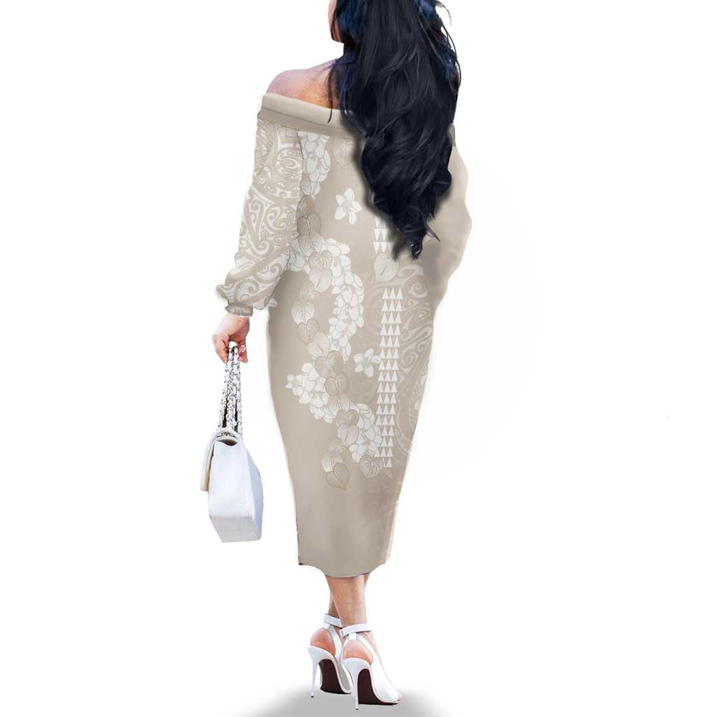 Suede Beige Hawaii Anthurium Plumeria Lei Family Matching Off The Shoulder Long Sleeve Dress and Hawaiian Shirt LT9 - Polynesian Pride