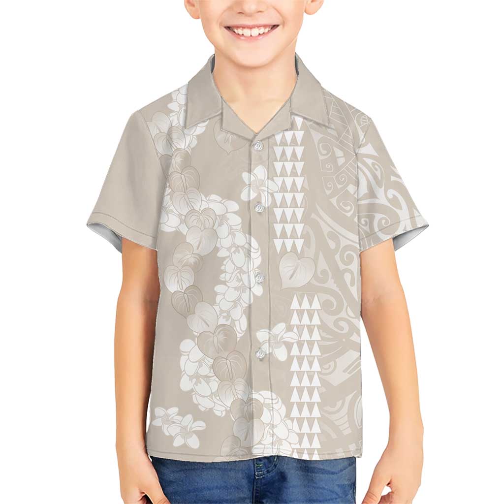 Suede Beige Hawaii Anthurium Plumeria Lei Family Matching Off The Shoulder Long Sleeve Dress and Hawaiian Shirt LT9 Son's Shirt Beige - Polynesian Pride