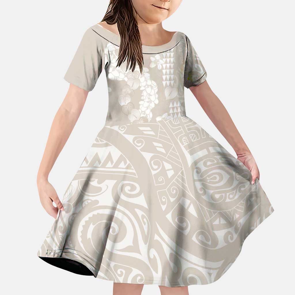 Suede Beige Hawaii Anthurium Plumeria Lei Family Matching Off Shoulder Maxi Dress and Hawaiian Shirt LT9 Daughter's Dress Beige - Polynesian Pride