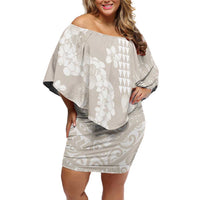 Suede Beige Hawaii Anthurium Plumeria Lei Family Matching Off Shoulder Short Dress and Hawaiian Shirt LT9 Mom's Dress Beige - Polynesian Pride