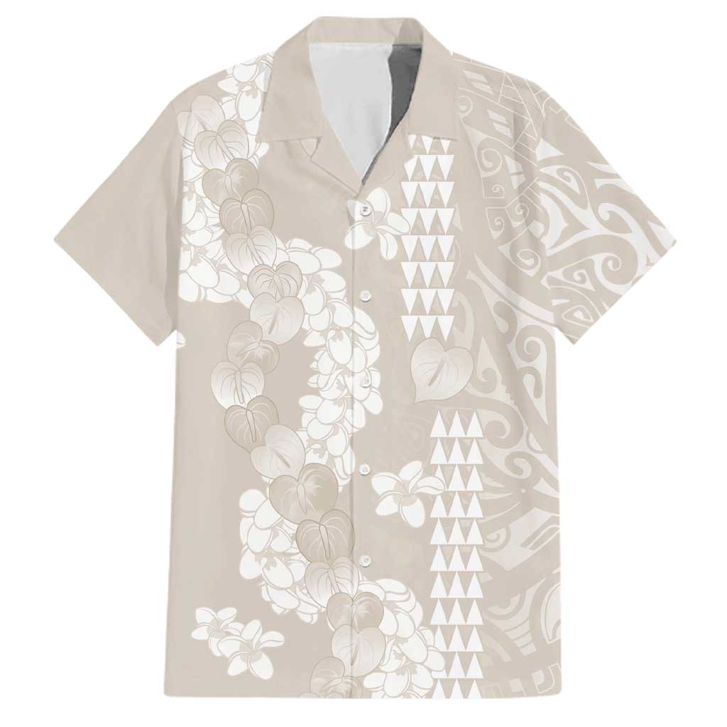 Suede Beige Hawaii Anthurium Plumeria Lei Family Matching Puletasi and Hawaiian Shirt
